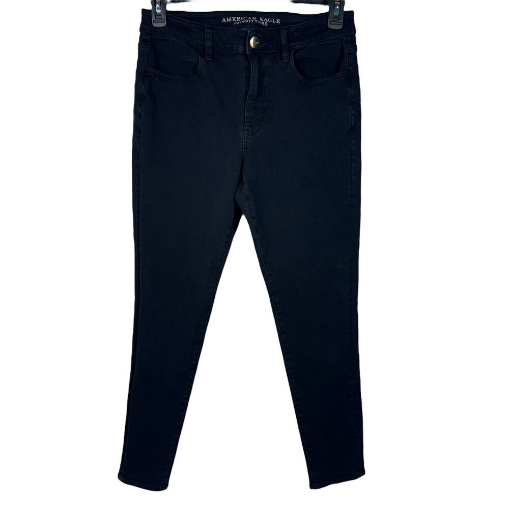 American Eagle SZ 12 Jeggings Jeans Hi-Rise Super Stretch Zip-Fly Pockets Black